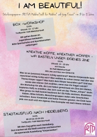 Flyer des Mädchentreff Osterferienprogramm. Ankündigung des Boxworkshops, Zine-Workshops und  des Stadtausflug nach Heidelberg